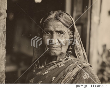 Photorealistic Old Indian Woman with Brown Straight Hair vintage Illustration. Photorealistic Old Indian Woman with Brown Straight Hair vintage Illustration. 114303892