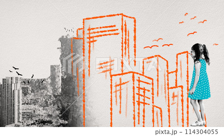 Little baby girl, child drawing building with calk. Imagination, dreams and fantasy. Contemporary art collage. Little baby girl, child drawing building with calk. Imagination, dreams and fantasy. Contemporary art collage. 114304055