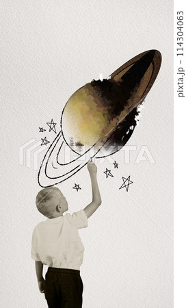 Child, boy drawing planet, Saturn. Imaginations about cosmos, creativity. Contemporary art collage. 114304063