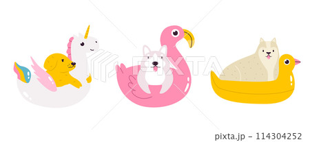 Set of hand drawn vector dogs swimming with inflatable unicorn, flamingo and duck 114304252