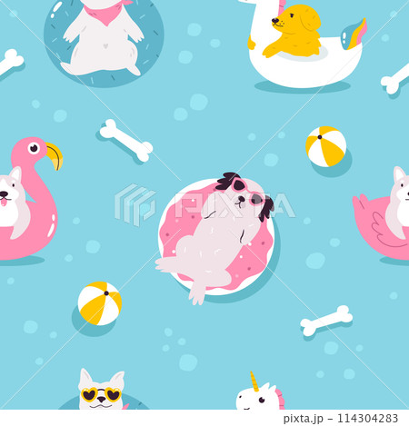 Colorful seamless pattern with funny dogs swimming with inflatable ring 114304283