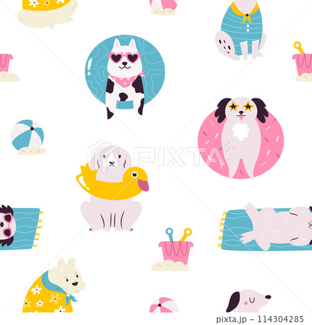 Colorful seamless pattern with funny dogs in summer costumes having fun at the beach 114304285