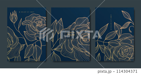 Vector set of line gold art flowers, luxury glitter roses on dark, floral japanese pattern. Card, wallpaper, nature elegant concept, vintage drawing. Vector set of line gold art flowers, luxury glitter roses on dark, floral japanese pattern. Card, wallpaper, nature elegant concept, vintage drawing. 114304371