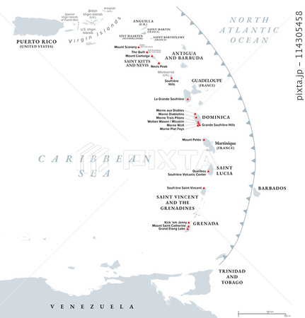 Volcanoes of the Caribbean islands, political map. Map of crescent-shaped island arc of Lesser Antilles, showing potentially active volcanoes, of which the best known is Mount Pelee in Martinique. 114305458