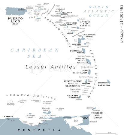 Eastern Caribbean islands, gray political map. Puerto Rico, Virgin Islands, Leeward and Windward Islands, and part of the Leeward Antilles north the coast of Venezuela, located in the Caribbean Sea. 114305465