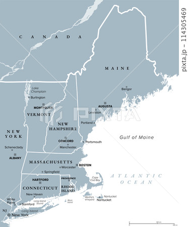 New England, a region of the United States, gray political map. Maine, Vermont, New Hampshire, Massachusetts, Rhode Island and Connecticut with Capitals. Bordered by Mid-Atlantic region and by Canada. 114305469