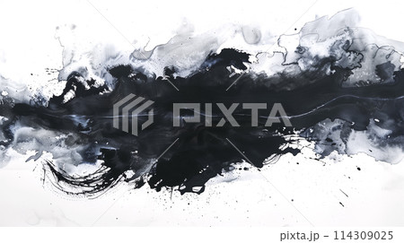 黒い抽象的なペイント背景。書道、墨。 黒い抽象的なペイント背景。書道、墨。 114309025