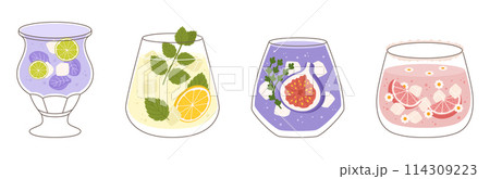 Collection with different taste lemonade and various of glasses shapes. Lemon and mint, fig fruit, strawberry and grapefruit, lime and petals. Vector illustration in outline and flat color style. 114309223