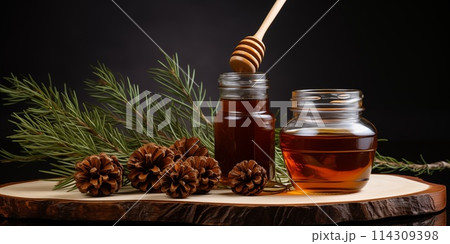 Pine honey, honeydew honey background with jar, honey dipper, pine cones and pine twigs 114309398