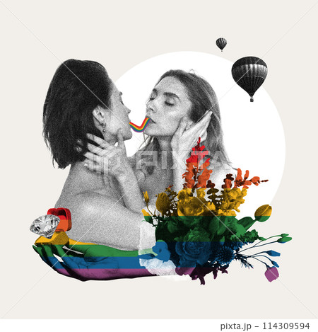Monochrome image of loving young women kissing, eating jelly candy against abstract colorful background. Contemporary art collage. Monochrome image of loving young women kissing, eating jelly candy against abstract colorful background. Contemporary art collage. 114309594