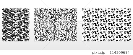 Geometric floral set of seamless patterns. White and black vector backgrounds. Damask graphic ornaments. Geometric floral set of seamless patterns. White and black vector backgrounds. Damask graphic ornaments. 114309654