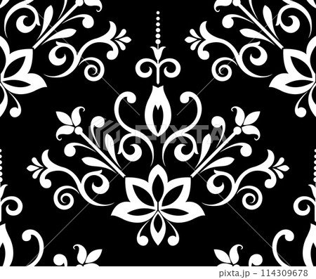 Wallpaper in the style of Baroque. Seamless vector background. White and black floral ornament. Graphic pattern for fabric, wallpaper, packaging. Ornate Damask flower ornament. 114309678