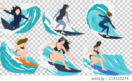 サーフィンをする女性のイラストセット 114310274