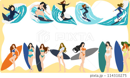 サーフィンをする女性のフレームイラスト 114310275
