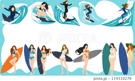 サーフィンをする女性のフレームイラスト 114310276