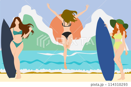 波打ち際(海・浜)でジャンプをする女性のイラスト	 114310293