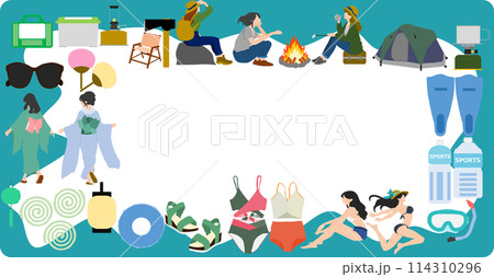夏にアウトドアを楽しむフレームイラスト 114310296