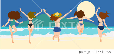波打ち際(海・浜)でジャンプをする女性のイラスト 114310299