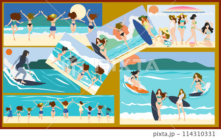 夏の思い出の写真をコルクボードにはりつけているイラスト 夏の思い出の写真をコルクボードにはりつけているイラスト 114310331