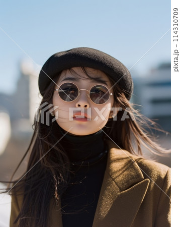 Teen Chinese Woman with Brown Straight Hair vintage Illustration. 114310709
