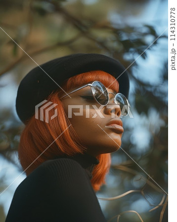 Teen Black Woman with Red Straight Hair vintage Illustration. 114310778