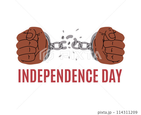 Hands in handcuffs with broken chain, vector poster. Independence Day. 114311209