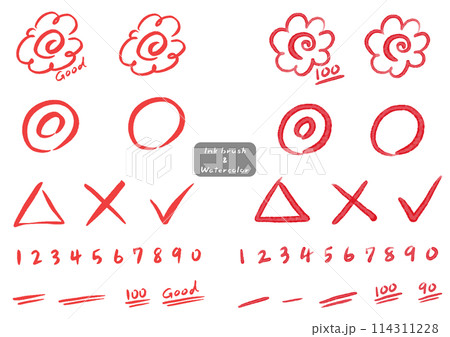 筆書き、水彩のはなまる(花丸)マーク、シンプルな手描きのアイコンセット 筆書き、水彩のはなまる(花丸)マーク、シンプルな手描きのアイコンセット 114311228