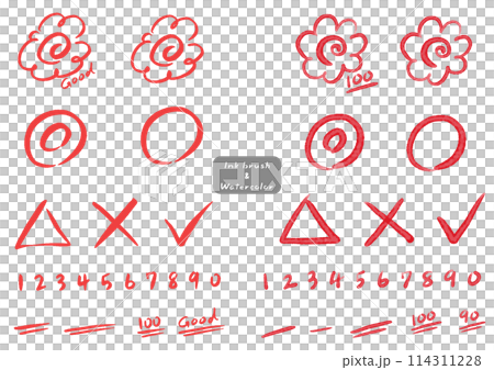 Brush writing, watercolor hanamaru (flower circle) mark, simple hand-drawn icon set Brush writing, watercolor hanamaru (flower circle) mark, simple hand-drawn icon set 114311228