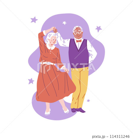 Joyful grandparents dancing in flat style vector illustration. 114311246