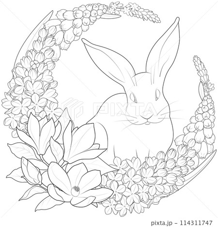 Easter rabbit with spring flowers and leaves wreath. Cute bunny. Easter rabbit with spring flowers and leaves wreath. Cute bunny. 114311747
