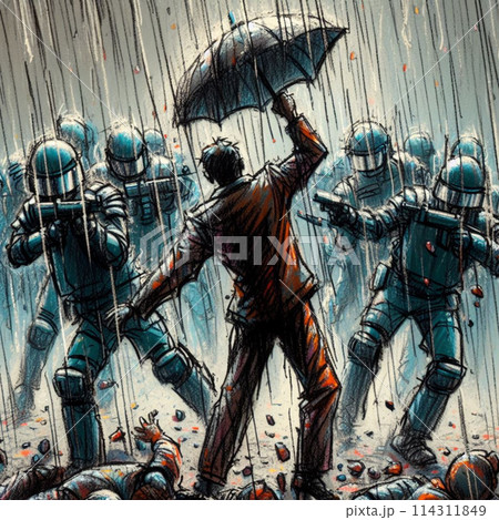 Artistic depiction of a solitary figure facing a line of riot police in a downpour 114311849