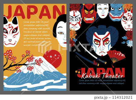 Japan and Kabuki Theater posters vector set 114312021