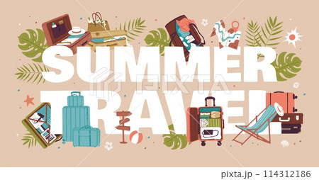 Summer travel essentials and suitcases vector illustration. 114312186
