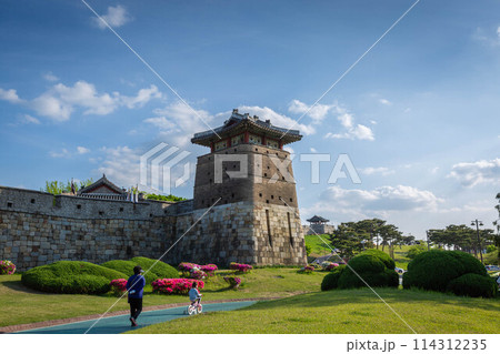 Old city wall at Hwaseong Fortress in summer, Traditional Architecture of Korea at Suwon, South Korea. 114312235