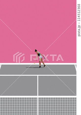 Pink and grey tennis court with competitive woman, athlete in motion, playing, practicing before game. Creative collage. 114312368