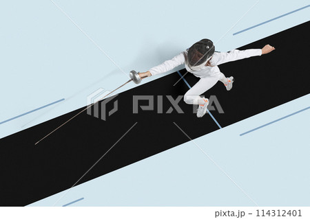 Aerial view on focused woman, fencing athlete in uniform, helmet and sword practicing. Creative collage. 114312401