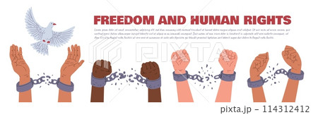 Vector horizontal poster with a dove of peace and hands clenched into fists breaking the restraining handcuffs 114312412