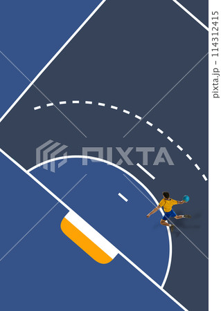 Aerial view on sports ground with athletic young man, handball player in motion, playing, practicing. Creative collage. 114312415