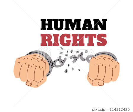 Shackled hands with broken chain, human rights poster. Poster with text. 114312420