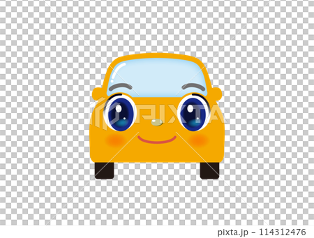照れながら微笑む、かわいいイエローの車（正面） 114312476