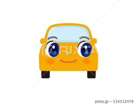 目を横に向けて微笑む、かわいいイエローの車（正面） 114312478
