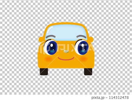 目を横に向けて微笑む、かわいいイエローの車（正面） 114312478