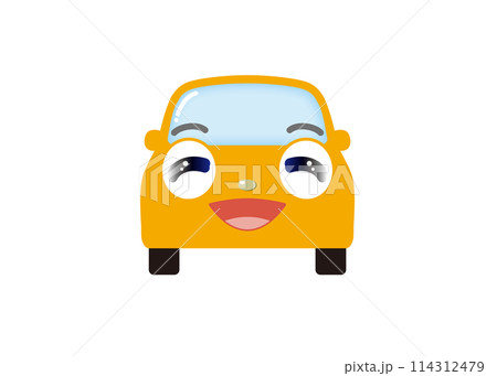 目を細めて笑う、かわいいイエローの車（正面） 114312479