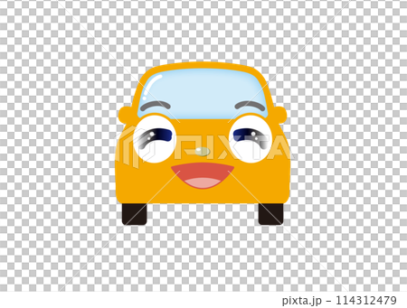 目を細めて笑う、かわいいイエローの車（正面） 114312479