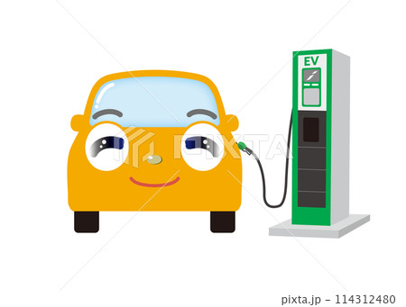 充電中の、かわいいイエローの車（正面） 114312480