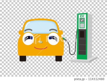 充電中の、かわいいイエローの車（正面） 114312480