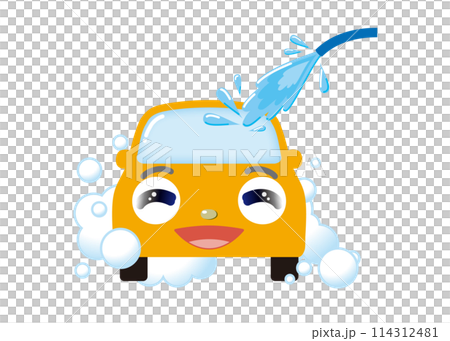 洗車中の、かわいいイエローの車（正面） 114312481