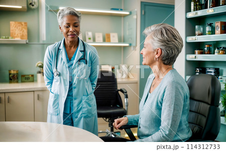 Senior Woman Consults with Female Doctor in Clinic 114312733
