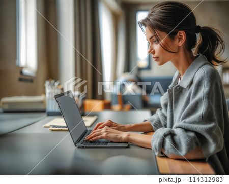 Focused Woman Typing on Laptop in Stylish Interior 114312983