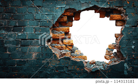 Hole in the wall of bricks against a transparent background Hole in the wall of bricks against a transparent background 114313181